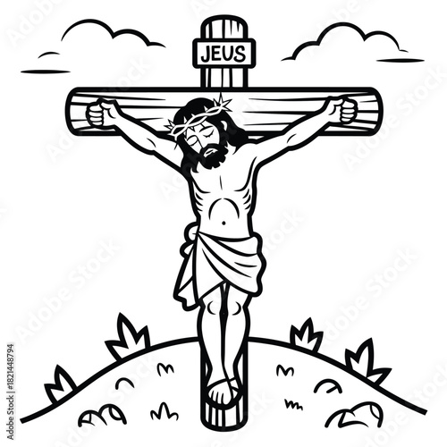 Jesus christ on the cross, religious symbol of suffering and redemption, line art illustration isolated on white background, Vector, illustration