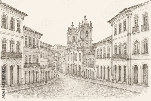 Ilustração do Pelourinho em Salvador, Bahia. Desenho esboço de uma rua no pelourinho, arquitetura colonial, Igreja de Nossa Senhora do Rosário dos Homens Pretos