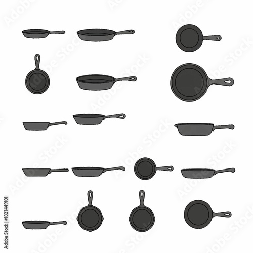 Set of various cast iron frying pans and skillets vector icons.