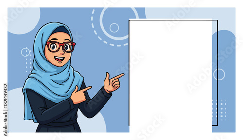 Friendly hijab woman with glasses pointing at blank frame on blue abstract background – business presentation banner vector