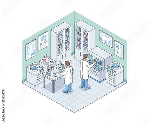 Isometric research laboratory with analytic equipment