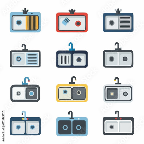 Vector set of colorful kitchen sink icons top view.