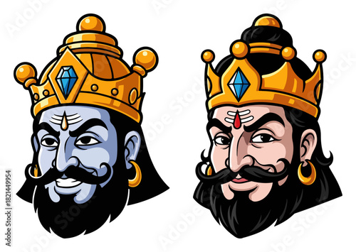 Indian King Head Mascot Vector. Cartoon Illustration of a Hindu God or Mythological Demon King Ravana with Crown.