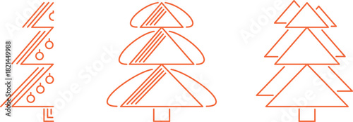 New Year and Christmas trees with toys and white snow, vector icons with thin outlines, holiday trees