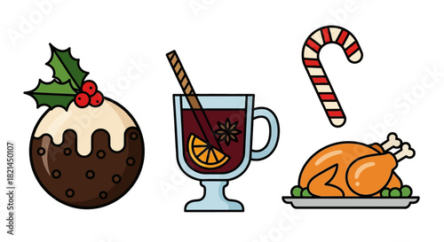 Stylized Holiday Treats Featuring Christmas Pudding, Mulled Wine, Candy Cane, and Roasted Turkey