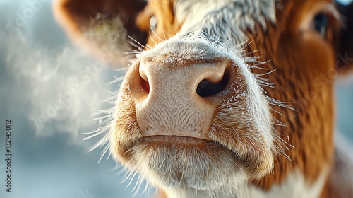 Photorealistic macro of a cow muzzle with frost-kissed whiskers