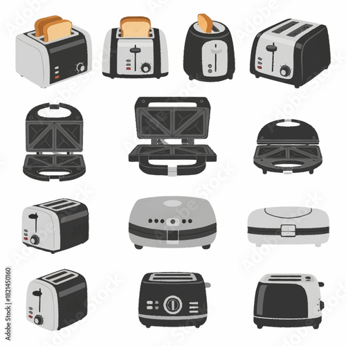 Collection of various toasters in different designs and styles for kitchen use.