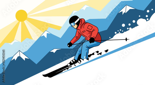 Vector Stylized Skier Racing Down Snowy Mountain Slope with Snow Spray and Blue Sky