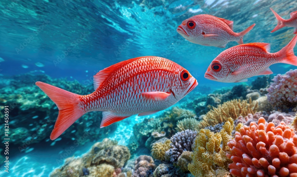 Naklejka premium a school of red fish swim over a coral reef in the sea