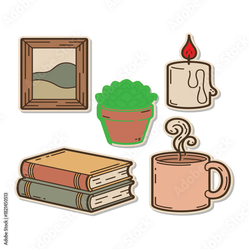 A set of hot coffee cups and books for a morning breakfast drink illustration