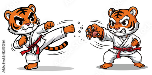 Karate tiger mascots sparring in white gi – cute animal martial arts character vector illustration