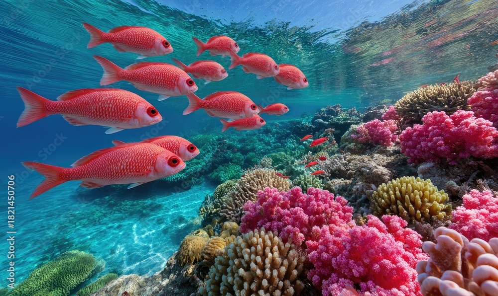 Fototapeta premium a school of red fish swim over a coral reef in the sea