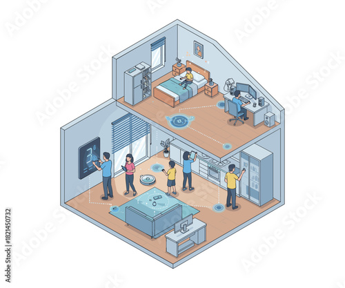 Isometric smart home interior with family and devices