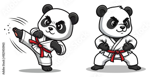 Karate panda mascots practicing kicks in white gi with red belts – cute animal martial arts character vector illustration