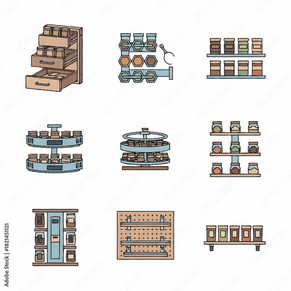 Fototapeta premium Set of colorful spice rack and kitchen organizer icons.