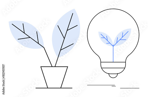 Potted plant with two leaves and lightbulb showing internal leaf. Ideal for sustainability, innovation, eco-consciousness, energy efficiency, green ideas, growth, and environmental awareness