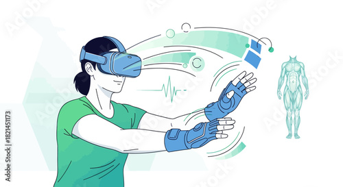 Futuristic therapy session with VR for rehabilitation and health analysis, offering a modern approach to healthcare and wellbeing with advanced technology