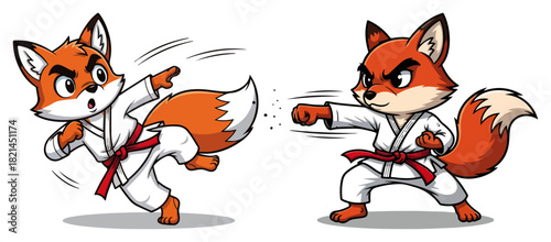 Karate fox mascot practicing kicks and punches in white gi – cute animal martial arts character vector illustration