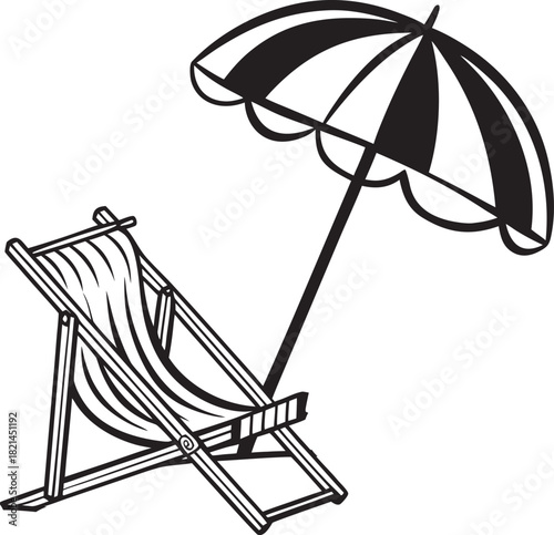 black beach chair and umbrella