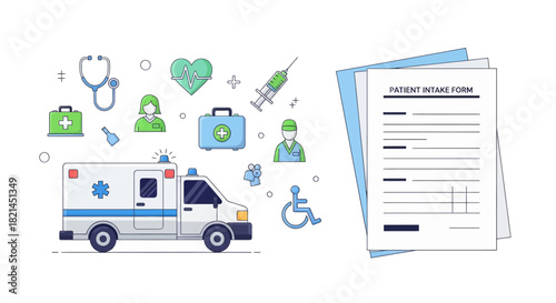 Emergency medical services ready to respond with patient intake forms for urgent care, perfect for healthcare marketing and medical illustrations