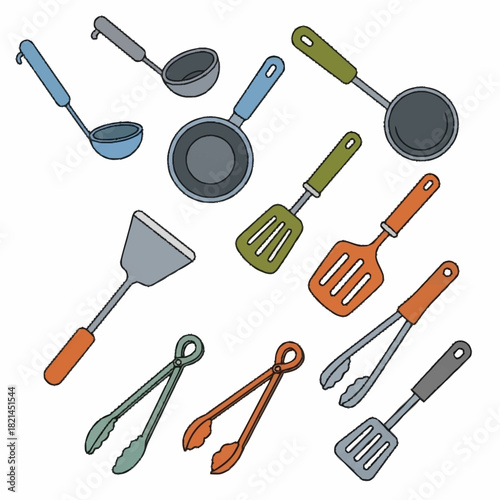A colorful hand drawn set of various kitchen utensils.