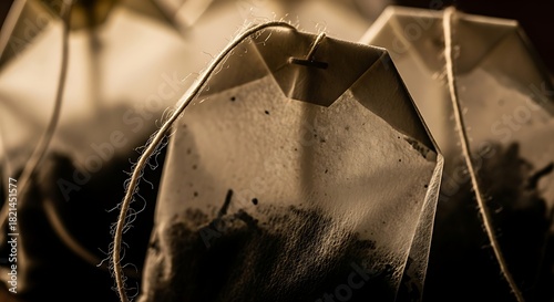 Close up shot of tea bags revealing the textures and delicate strings in a warm inviting light for health and wellbeing