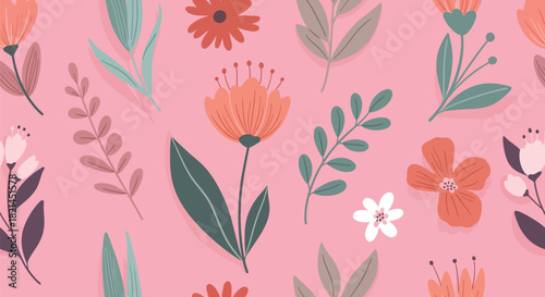 Delightful floral pattern with playful botanical elements on blush pink, ideal for vibrant spring designs and charming creative projects, adding a touch of joy