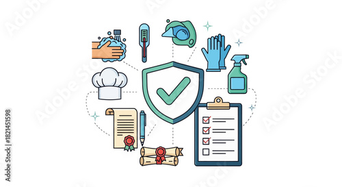 Ensuring restaurant safety and cleanliness with hygiene protocols, certified staff, and health inspection checklists, a modern, professional, and trustworthy concept