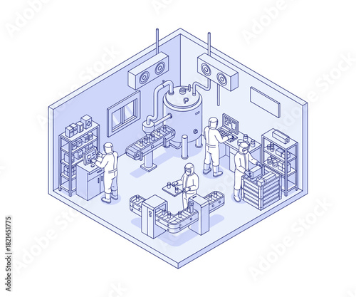 Isometric laboratory production room with technicians and equipment