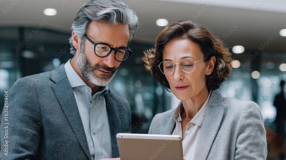 Fototapeta premium Two business professionals a man and a woman wearing glasses and suits look at a tablet together