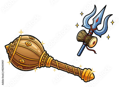 Hindu divine weapons vector set with Gada mace and Shiva Trishula trident