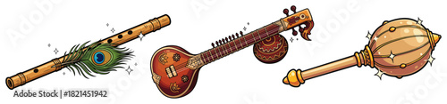 Indian cultural objects set with Bansuri flute Sitar and Gada mace vector illustration