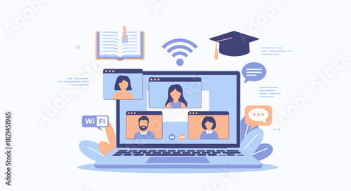 Engaging distance learning with vibrant virtual classroom on laptop, connecting students and teachers, promoting collaboration, and academic success online