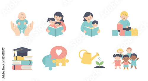 Celebrating childhood moments with education, love, and growth icons in soft, inviting pastel colors perfect for early learning resources and childcare branding