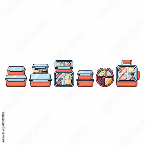 Various lunch boxes in different shapes and sizes for food storage.