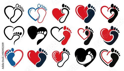 Set of Heart and Footprint Logo Icons. Vector Symbol Collection for Podiatry Baby Care or Charity Walk.
