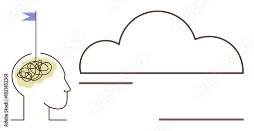 Human head with tangled lines in the brain, purple flag symbolizing achievement, connected to cloud. Ideal for mental clarity, problem-solving, focus, innovation, learning, mindfulness simple flat