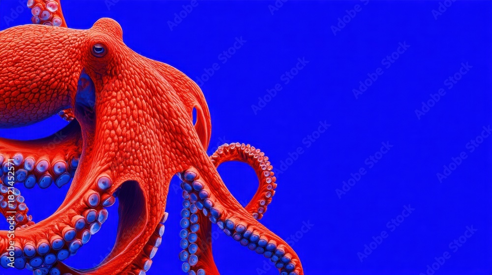 Fototapeta premium Brilliant Crimson Octopus Moving Gracefully Through the Vibrant Cobalt Blue Ocean