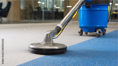 Professional carpet extractor and solution bottle on office carpet, representing deep-cleaning equipment and commercial carpet maintenance.