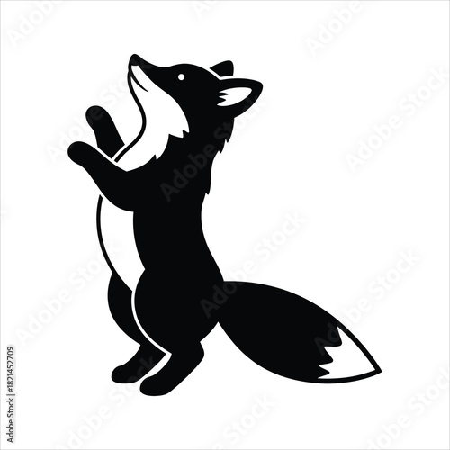 A simple black and white graphic illustration of a fox standing on its hind legs looking up