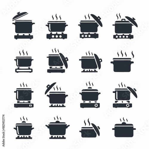 Collection of Cooking Pots and Steaming Utensils Icons.