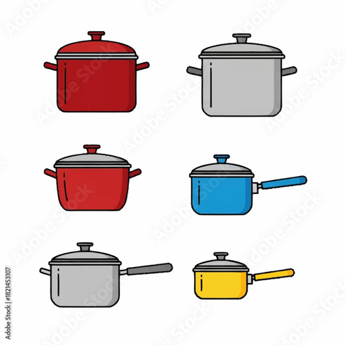 Assortment of colorful cooking pots and saucepans isolated.
