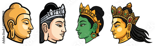 Set of Asian deity head profiles — Buddhist and Hindu style ornamental avatars vector illustration