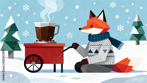 Illustration Of A Fox Waiting At A Hot Chocolate Cart Vector Design Template