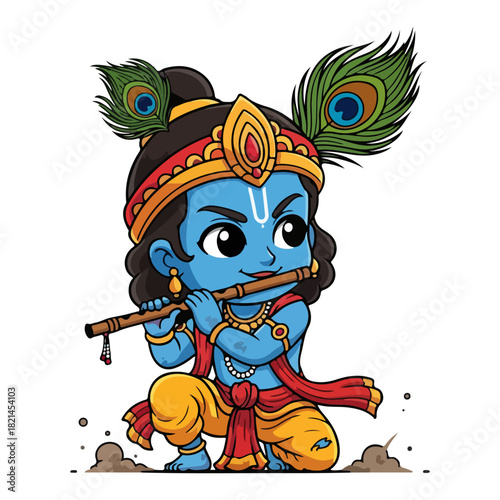 Cute cartoon little Krishna playing the flute Hindu god vector illustration