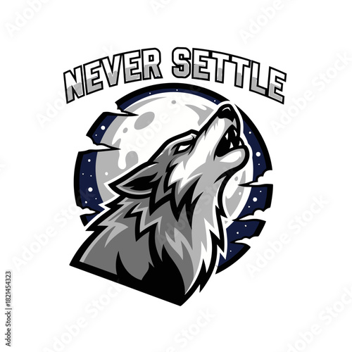 Determined wolf howling at a mystical full moon, symbolizing ambition, strength, and an unyielding spirit in a striking graphic illustration