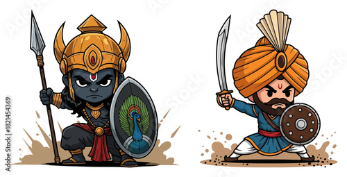 Indian Warrior Characters Cartoon Vector. Hindu God Murugan and a Sikh or Rajput Warrior Mascot Illustration.