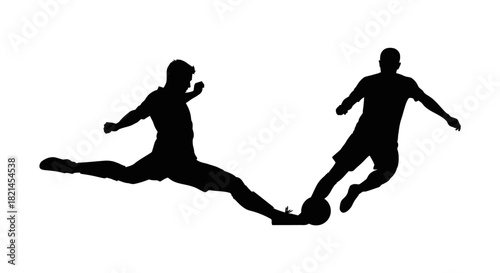 Silhouette of two soccer players in action, one kicking the ball.