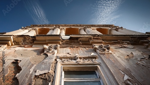 structure featuring deteriorated plaster and fractured facade cornice