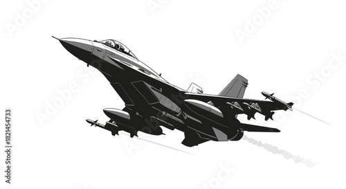 A powerful military fighter jet aircraft in flight, armed with missiles, depicted in a dynamic black and white illustration style.